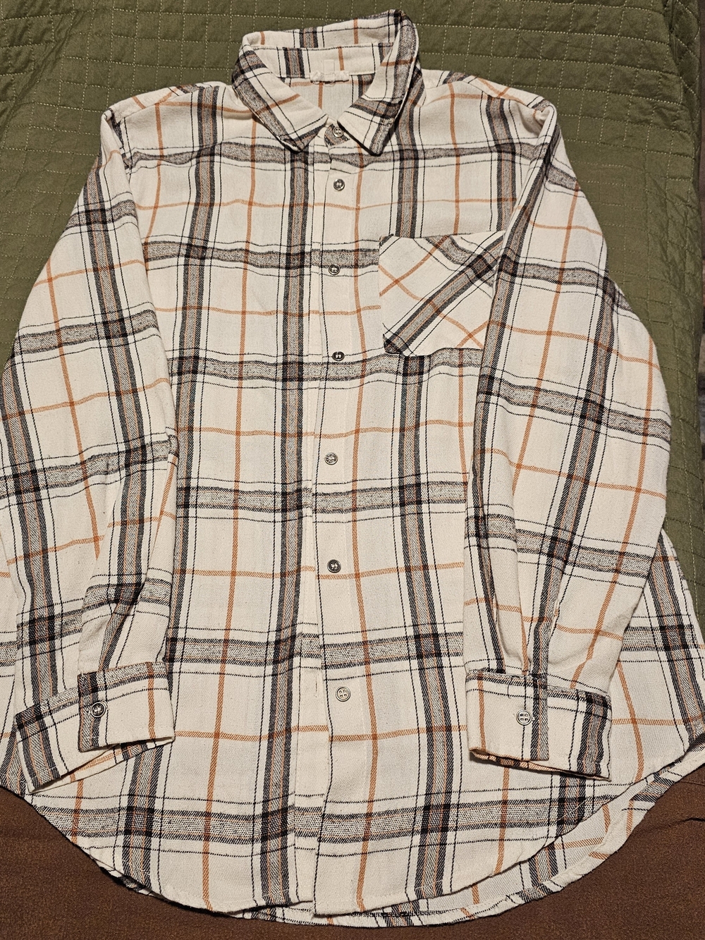 LA MIEL Cream Plaid Button-Down Shirt with Black and Orange Stripes